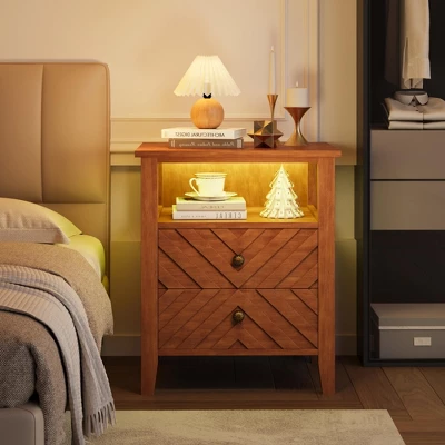 Night Stand With 2 Storage Drawers, Farmhouse Nightstand W/V-Shaped Design & Open Storage Shelf, Wooden Rustic Bedside Table 6 Night Stand With 2 Storage Drawers, Farmhouse Nightstand W/V-Shaped Design & Open Storage Shelf, Wooden Rustic Bedside Table - Image 6