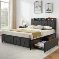 Whizmax Four Size Bed Frame With 2 Storage Drawers And Charging Station, Rustic Linen Upholstered Platform Bed Frame With Storage Headboard, Gray 16 Whizmax Four Size Bed Frame With 2 Storage Drawers And Charging Station, Rustic Linen Upholstered Platform Bed Frame With Storage Headboard, Gray -Baxton Studio Sale Shop GUEST 65c29b3a a8d2 4341 93b7 be319892375a