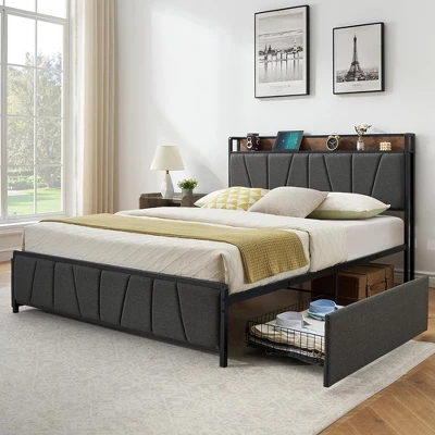 Whizmax Four Size Bed Frame With 2 Storage Drawers And Charging Station, Rustic Linen Upholstered Platform Bed Frame With Storage Headboard, Gray 8 Whizmax Four Size Bed Frame With 2 Storage Drawers And Charging Station, Rustic Linen Upholstered Platform Bed Frame With Storage Headboard, Gray - Image 8