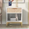 Nightstand With USB Charging Ports, End Table With 1 Drawer And Metal Legs, White+Natural Finish-ModernLuxe