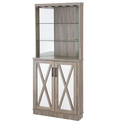 Home Source Grey Wash Corner Bar Cabinet With Mirrored Panels 9 Home Source Grey Wash Corner Bar Cabinet With Mirrored Panels - Image 9