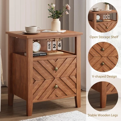 Night Stand With 2 Storage Drawers, Farmhouse Nightstand W/V-Shaped Design & Open Storage Shelf, Wooden Rustic Bedside Table 3 Night Stand With 2 Storage Drawers, Farmhouse Nightstand W/V-Shaped Design & Open Storage Shelf, Wooden Rustic Bedside Table - Image 3