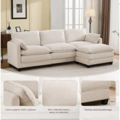 Hyleory Corduroy L-Shaped Sectional Sofa, 3-Seater Couch With Movable Ottoman, Modular Living Room Furniture For Apartments -Baxton Studio Sale Shop GUEST 67d6c70a 173e 42fb b241 acc4ce42ade5