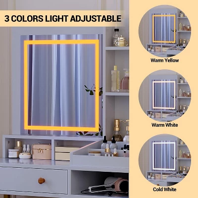 Makeup Vanity Desk With 3 Color Led Light, Makeup Vanity With Large Mirror And Power Outlet, Dressing Table With 2 Drawers White 55.9"H 4 Makeup Vanity Desk With 3 Color Led Light, Makeup Vanity With Large Mirror And Power Outlet, Dressing Table With 2 Drawers White 55.9"H - Image 4