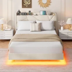 Full/Queen Size Floating Bed Frame With RGB LED Lights & Charging Station - Upholstered Suspended Bed, Storage Headboard, No Box Spring Needed