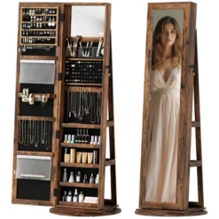 HOMCOM Jewelry Cabinet, 360° Swivel Jewelry Armoire With Full-Length Mirror, Storage Shelves, Interior Small Mirror, For Bedroom Living Room -Baxton Studio Sale Shop GUEST 69b73272 d18b 4a55 ba70 d61b0117b071