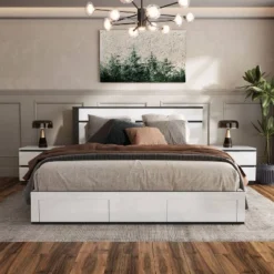 California King Pape Platform Bed With 2 Foot Drawers White/Metallic Gray - MiBasics: Contemporary Storage, No Box Spring Needed -Baxton Studio Sale Shop GUEST 6a38f0ce 75f3 42c4 8c42 bb209222daf4