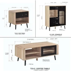 Kings Brand Furniture Nathan 3-Piece Living Room Set With Sideboard Cabinet, Coffee Table & End Table, Modern Storage, Oak/Black Finish