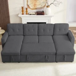 103"W Corduroy 4-Seater Modular Sleeper Sofa Bed With Storage Chaise,U-shaped Sofa With Pull-out Bed，Dark Grey -Baxton Studio Sale Shop GUEST 6b86086a e024 48ff baff 982ad8964d68