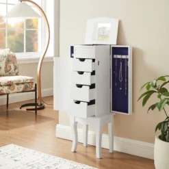 Muriel Solid Wood Modern 4 Lined Drawer 3 Compartment Flip Top Jewelry Armoire White Finish - Powell: Coastal Style, Rubberwood, Felt-Lined