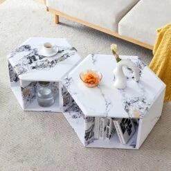 Modern Hexagon Coffee Table Set With Open Storage,2-Piece Wood Grain Marble Pattern MDF Sofa Side Tables For Living Room-Baofuwish -Baxton Studio Sale Shop GUEST 6c0cbe1c 1237 4ff9 a37e 9b2aac996db0