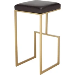 55 Downing Street Gold Metal Bar Stool 29 1/2" High Modern Brown Leather Cushion With Footrest For Kitchen Counter Height Island -Baxton Studio Sale Shop GUEST 6c20595c 7f0a 4159 af2c 9d1c8d0dda0c
