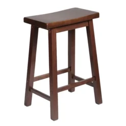PJ Wood Classic Saddle-Seat 24'' Tall Kitchen Counter Stool For Homes, Dining Spaces, And Bars With Backless Seat, 4 Square Legs, Walnut (3 Pack)