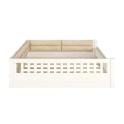 Full Size Upholstered Platform Bed Frame, Toddler Beds With Guardrail And Pillow 4W, Beige/Gray -ModernLuxe -Baxton Studio Sale Shop GUEST 6cdb8d08 4a85 4483 8f11 f1810d63f133