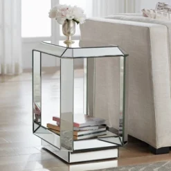 Studio 55D Modern Mirrored Rectangular Accent Side End Table 21" X 16" With Open Shelf Beveled For Living Room Bedroom Bedside