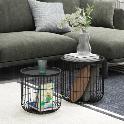 HOMCOM Nesting Tables, Round Coffee Table Set Of 2 With Steel Wired Basket Body And Removable Top, Stacking Tables For Living Room, Black 2 HOMCOM Nesting Tables, Round Coffee Table Set Of 2 With Steel Wired Basket Body And Removable Top, Stacking Tables For Living Room, Black - Image 2