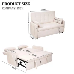 Modern 61" Large-Size Fabric Sofa Bed With Adjustable Backrest, Storage Pockets, Reinforced Iron Frame, Ideal For Bedroom, Apartment, Dorm