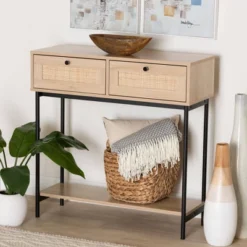 Sherwin 2 Drawer Console Table With Woven Rattan Accent Light Brown/Black - Baxton Studio:Entryway Storage