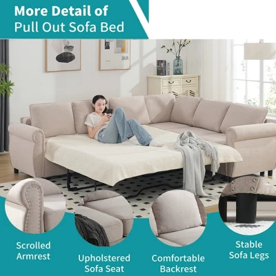 6-Seater L-Shaped Sleeper Combined Sofa Bed, Queen Size Pull Out Sectional Couch W/ High-Density Foam, Easy Assembly 2 6-Seater L-Shaped Sleeper Combined Sofa Bed, Queen Size Pull Out Sectional Couch W/ High-Density Foam, Easy Assembly - Image 2