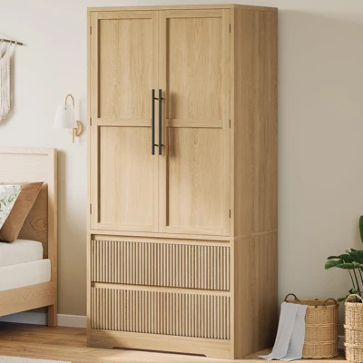 Bedroom Wooden Armoire Wardrobe Closet, Wardrobe Armoire Cabinet With Wood Doors And 2 Drawers, Freestanding Cabinet With Shelves 9 Bedroom Wooden Armoire Wardrobe Closet, Wardrobe Armoire Cabinet With Wood Doors And 2 Drawers, Freestanding Cabinet With Shelves - Image 9