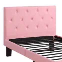 Twin Faux Leather Upholstered Bed With Tufted Headboard Pink - Benzara