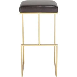 55 Downing Street Gold Metal Bar Stool 29 1/2" High Modern Brown Leather Cushion With Footrest For Kitchen Counter Height Island -Baxton Studio Sale Shop GUEST 71719b6c 9ff0 4e93 a354 79ba951cda9a