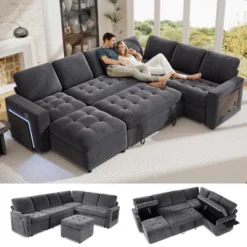 Vipbear 7 Seat L Shaped Modular Sectional Sleeper Sofa Bed With Pull Out Bed/Reclining Backrest/USB Ports/Table/LED Light/Storage Seat, Chenille -Baxton Studio Sale Shop GUEST 7197ecb4 7eb2 47d8 9d1d 289f03acdd51