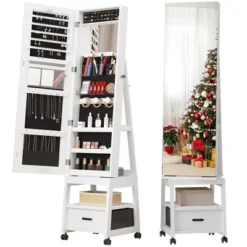 360° Swivel Jewelry Armoire, Floor Standing Full Length Mirror With Rear Storage Shelves, Lockable Jewelry Cabinet With Bottom Drawer And Wheels -Baxton Studio Sale Shop GUEST 72411c42 2bb1 410d a4fb c855bbba5dfa