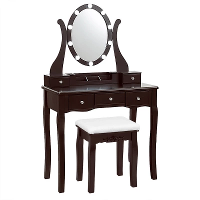 Tangkula Vanity Table Makeup Dresser Desk W/LED Light Drawers & Stool Black/Brown/White 9 Tangkula Vanity Table Makeup Dresser Desk W/LED Light Drawers & Stool Black/Brown/White - Image 9