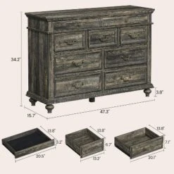 47" Farmhouse Dresser For Bedroom With 9 Drawers, Rustic Wood Chest With Vintage Metal Handles For Bedroom