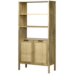 HOMCOM Bookshelf, Storage Cabinet With 3 Open Shelves And Natural Rattan Decor, Bookcase For Living Room, Study, Bedroom -Baxton Studio Sale Shop GUEST 732e8dc1 d40b 41b3 8b65 fddbf2d8029c