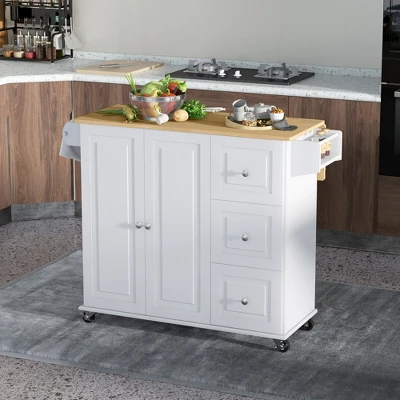 HOMCOM Kitchen Island With Drop Leaf, Rolling Kitchen Cart On Wheels With 3 Drawers, Cabinet, Natural Wood Top, Spice Rack And Towel Rack, White 1 HOMCOM Kitchen Island With Drop Leaf, Rolling Kitchen Cart On Wheels With 3 Drawers, Cabinet, Natural Wood Top, Spice Rack And Towel Rack, White