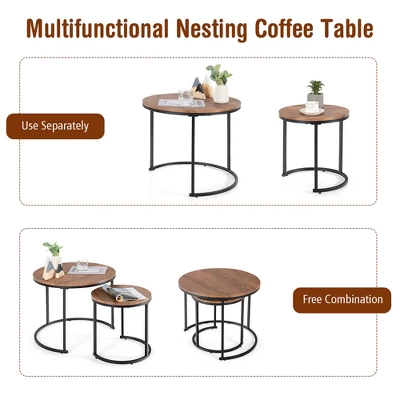 Costway Nesting Coffee Table Set Of 2 For Balcony Living Room Modern Round Side Tables Rustic Brown/Brown/Gold 8 Costway Nesting Coffee Table Set Of 2 For Balcony Living Room Modern Round Side Tables Rustic Brown/Brown/Gold - Image 8