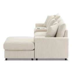 114''W Corduroy L-Shaped Sectional Sofa With Bluetooth Speakers, USB Charger, Cup Holders And Ottoman - ModernLuxe -Baxton Studio Sale Shop GUEST 7489b02b 952f 4d34 8903 fdcf56c4fac1