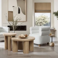 LuxenHome Round Wood Coffee Table With 4 Pillar Legs, 27.5" Modern Farmhouse Oak Finish Low Accent Table With Sturdy Base For Living Room Brown 10 LuxenHome Round Wood Coffee Table With 4 Pillar Legs, 27.5" Modern Farmhouse Oak Finish Low Accent Table With Sturdy Base For Living Room Brown -Baxton Studio Sale Shop GUEST 75551dae b7d7 42a7 97c7 a2f023832bd3