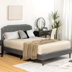 Costway Upholstered Bed Frame Adjustable Diamond Button Headboard Easy Assembly