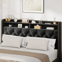 Garvee Upholstered Queen Size Bed Frame With 4 Drawers, Black Velvet Queen Platform With Tufted Headboard And Nailhead Design, No Box Spring Needed -Baxton Studio Sale Shop GUEST 75b4600a 420a 4cde 9983 f413f1ed00ff