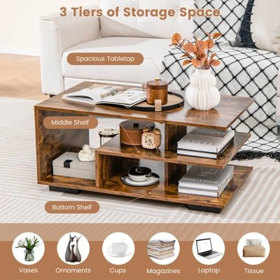 Costway Coffee Table W/ L-shaped Middle Shelf For Living Room Rustic Brown 5 Costway Coffee Table W/ L-shaped Middle Shelf For Living Room Rustic Brown - Image 5