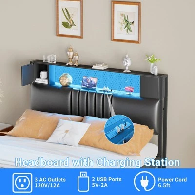 Aheaplus Upholstered Headboard With Storage Shelf And Small Cabinet, Headboard Power Outlet And LED Light 6 Aheaplus Upholstered Headboard With Storage Shelf And Small Cabinet, Headboard Power Outlet And LED Light - Image 6
