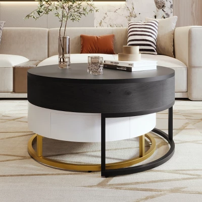 Round Lift Top Nesting Coffee Table Set With Storage Drawers,31.5" & 27.6" Tabletop For Living Room-Baofuwish 2 Round Lift Top Nesting Coffee Table Set With Storage Drawers,31.5" & 27.6" Tabletop For Living Room-Baofuwish - Image 2