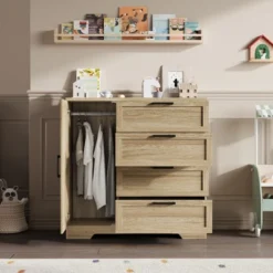 Garvee 43.3'' H Armoire Wardrobe Closet With 4 Drawers And 2 Doors, Hanging Rod, Multifunctional Wooden Dresser With Storage Closet -Baxton Studio Sale Shop GUEST 76ef6856 e5bf 455b b759 27964e3a82dd