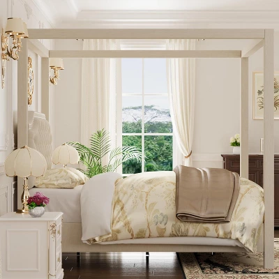 Upholstered Canopy Bed Frame With Headboard, Button Tufted, Nailhead Trim Design, No Box Spring Required 7 Upholstered Canopy Bed Frame With Headboard, Button Tufted, Nailhead Trim Design, No Box Spring Required - Image 7