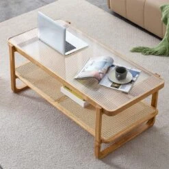 Modern Rattan Coffee Table,Rectangular Center Table With Tempered Glass Tabletop,2 Tier Wood Tea Table For Living Room Office Bedroom -Baxton Studio Sale Shop GUEST 7873a2a3 f421 4869 a958 17c1aefe243d