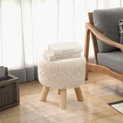 Costway Round Footstool Ottoman Faux Fur Upholstered Footrest With Padded Seat White