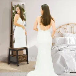 Swivel Jewelry Cabinet, Lockable Standing Jewelry Organizer With Full-Length Mirror, Rear Storage Shelves, Interior Mirror, Jewelry -Baxton Studio Sale Shop GUEST 7b0adbaf c7c4 4184 82c8 71328446c8c5