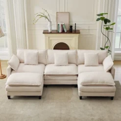 Garvee Modular Sectional Sofa, 3 Seater Corduroy Couch With Ottoman & Throw Pillows, Modern L-Shaped Sofa, For Living Rooms, Offices, Grey