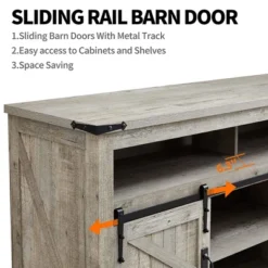 OKD 60-Inch Sliding Barn Door Wooden Farmhouse Highboy TV Table Stand Media Console Table With Adjustable Shelf And 150 Lb Capacity, Rustic Light Oak