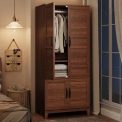 Armoire Wardrobe Closet With 4 Doors,72" Wooden Wardrobe Cabinet With Hanging Rod, Freestanding Tall Clothing Armoire Cabinet With Adjustable Shelves -Baxton Studio Sale Shop GUEST 7c0fd734 d44f 403e 8b8d 958b2bdb5e41