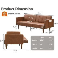 Convertible Futon Sofa Bed With Adjustable Backrest, PU Leather Sleeper Couch For Living Room And Bedroom