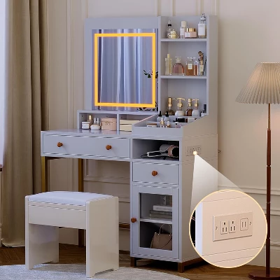Makeup Vanity Desk With 3 Color Led Light, Makeup Vanity With Large Mirror And Power Outlet, Dressing Table With 2 Drawers White 55.9"H 3 Makeup Vanity Desk With 3 Color Led Light, Makeup Vanity With Large Mirror And Power Outlet, Dressing Table With 2 Drawers White 55.9"H - Image 3